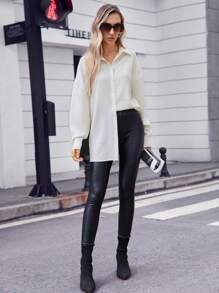 SHEIN Essnce Drop Shoulder Button Front Shirt - Apricot - View 6