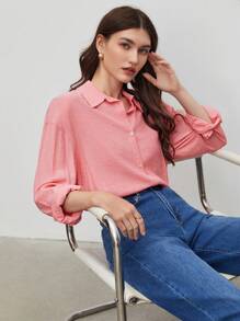 BizChic Chất rắn Nút phía trước Thả vai Áo sơ mi - Màu Hồng  San hô - Xem 10