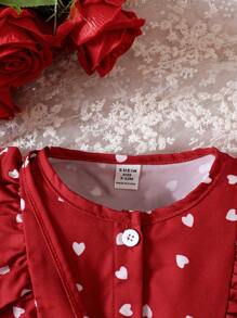 Baby Girl Heart Print Ruffle Trim Flare Sleeve Dress With Bag - Red - View 4