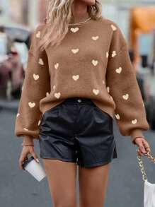 SHEIN LUNE Heart Pattern Drop Shoulder Knit Pullover Fall Winter Sweater - Coffee Brown - View 3