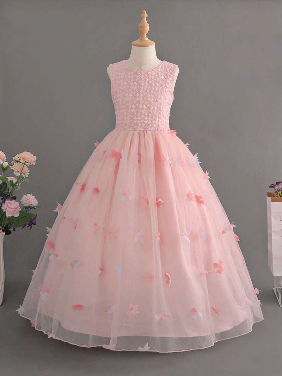 Cô gái Tween Nơ Đèn treo tường Lưới Hem Đầm Party - Hồng - Xem 1