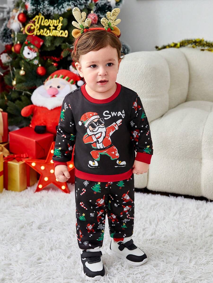 SHEIN Baby Boy Christmas Printed Color Block Sweatshirt & Jogger Pants Set