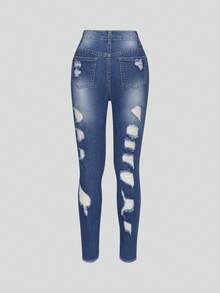 Teen Girls Ripped Raw Hem Jeans - Dark Wash - View 2