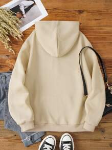 SHEIN EZwear Chất rắn Túi kangaroo Hoodie - Màu be - Xem 2