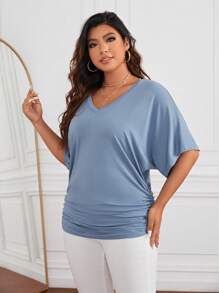 SHEIN Essnce Hơn Chất rắn tay cánh Áo thun - Màu xanh bụi bặm - Xem 5