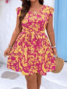 SHEIN LUNE Hơn In hoa Viền Ruffle Đầm - Màu Hồng Tươi - Xem 3