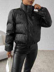 SHEIN Essnce 蛇皮印花提花按扣夹棉大衣 - 黑色 - 查看 5