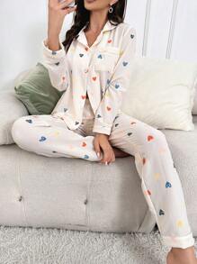 Heart Print Contrast Piping PJ Set / Pajama Set - Beige - View 3