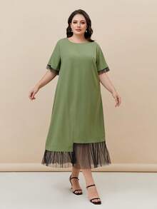 Mulvari Plus Contrast Mesh Hem Dress - Army Green - View 3