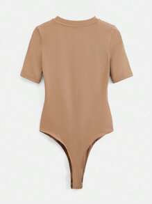SHEIN BASICS Solid Round Neck Tee Bodysuit - Khaki - View 2