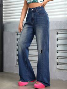 SHEIN ICON Jeans de pierna amplia desgarro - Azul lavado oscuro - Ver 5