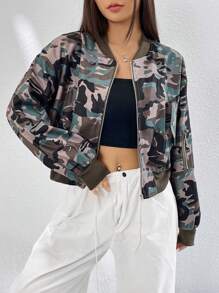 SHEIN EZwear 迷彩印花翻蓋口袋飛行員夾克 - 軍綠色 - 查看 4