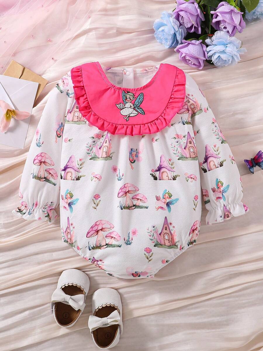 女嬰花卉圖案&蘑菇圖案荷葉邊喇叭袖連身背心 - 白色 - 查看 1