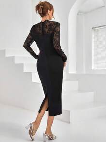 SHEIN Privé Contrast Lace Mock Neck Bodycon Dress - Black - View 2