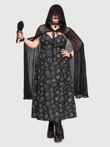 ROMWE Goth Plus Tie Front Hooded Cardigan - Black - View 5