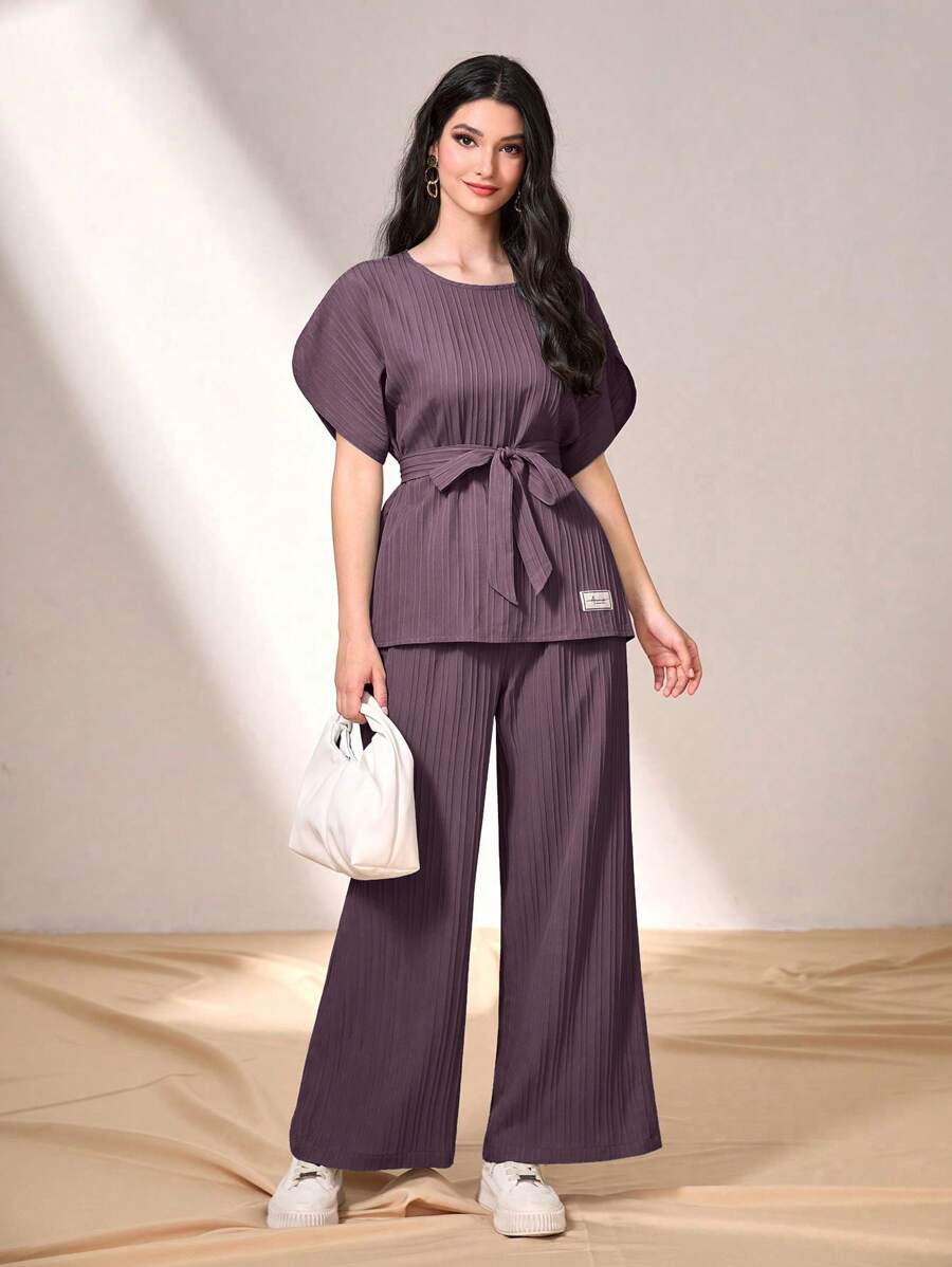 Graceveil Batwing Sleeve Belted Top & Wide Leg Pants 2 Piece Set Modest - Purple - View 1