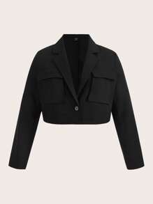 SHEIN EZwear Plus Flap Pocket Crop Blazer - Black - View 1