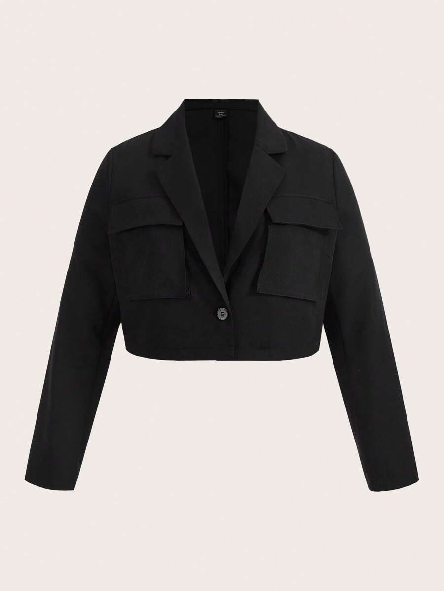 SHEIN EZwear Plus Flap Pocket Crop Blazer - Black - View 1