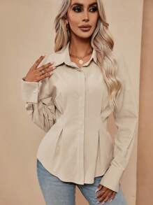 SHEIN LUNE 褶皺細節落肩袖襯衫 - 卡其色 - 查看 1