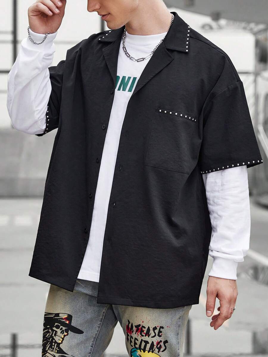 Manfinity EMRG Men Contrast Trim Pocket Patched Shirt - Black - View 1