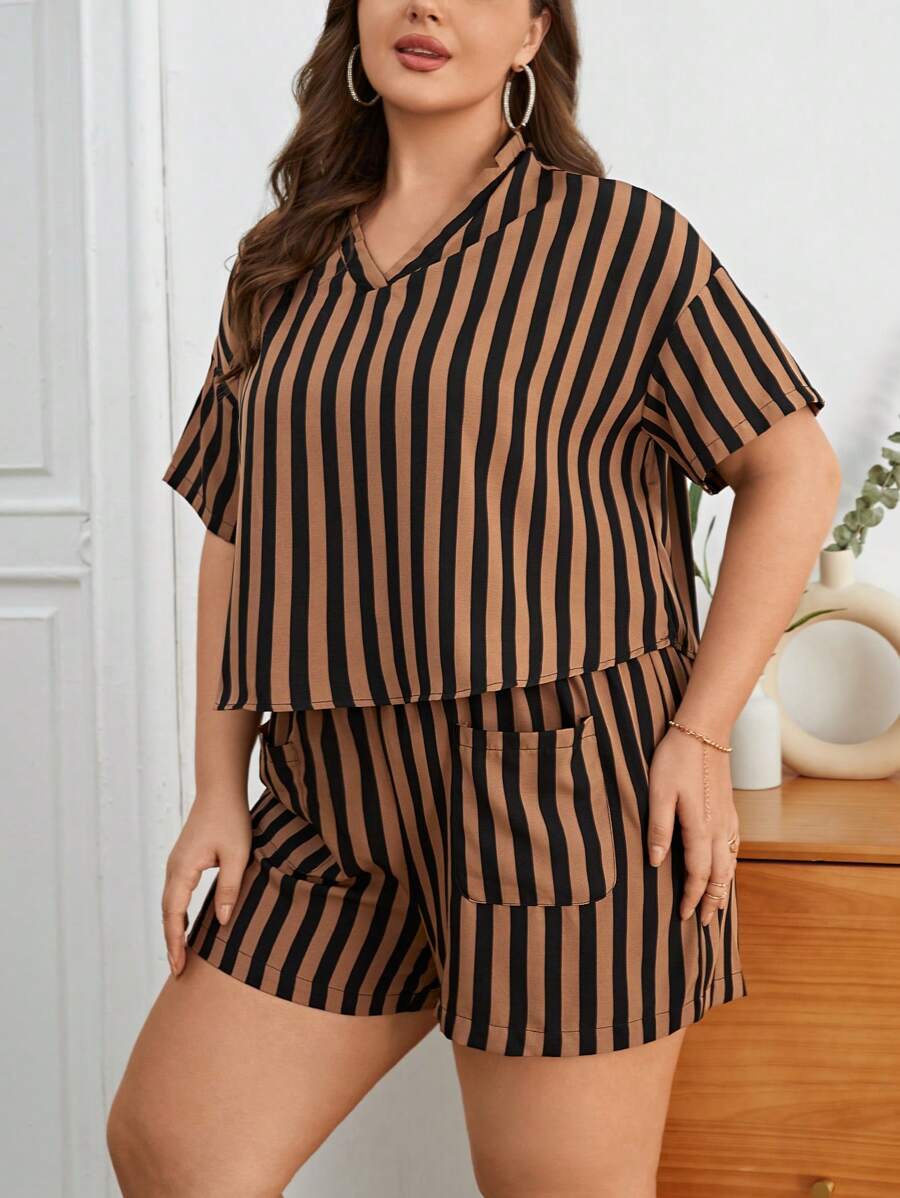 SHEIN Essnce Hơn In sọc Thả vai Áo & quần short - màu nâu - Xem 1