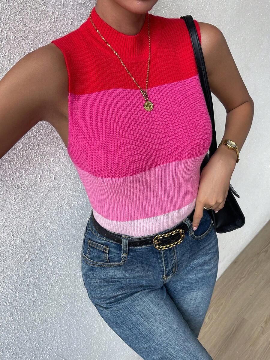 SHEIN Frenchy 撞色小高領針織上衣 - 彩色 - 查看 1