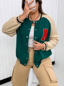 Flirla Hơn Thư được vá Sọc trang trí Tay Raglan Áo khoác Đại học - màu xanh lá - Xem 2