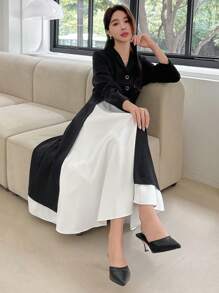 DAZY Vestido camisero de dos tonos, vestido de otoño - Blanco y Negro - Ver 1