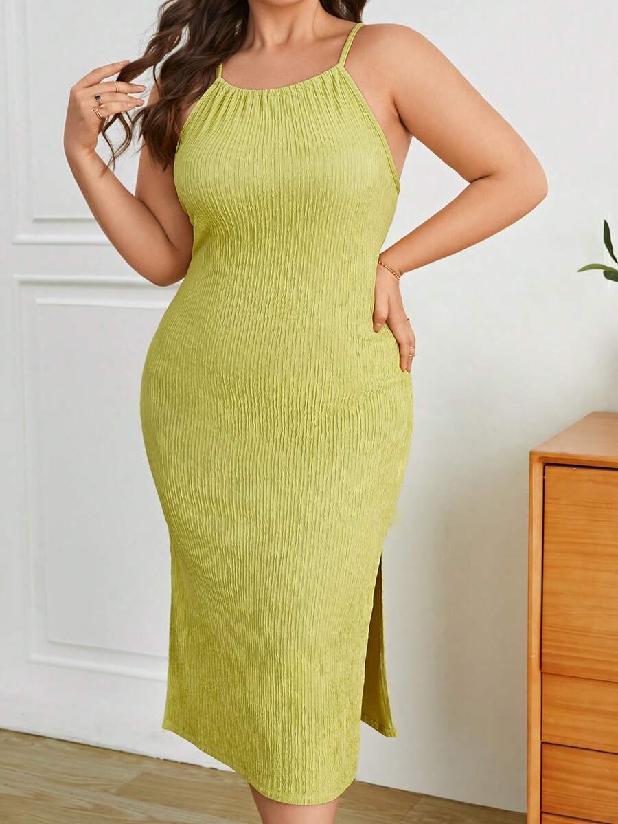 SHEIN Essnce Cộng với váy Cami xẻ đùi - màu xanh lá - Xem 1