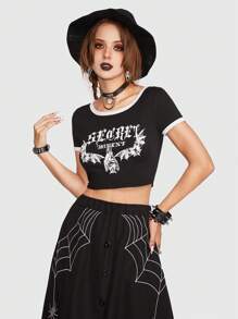 ROMWE Goth 字母圖案撞色滾邊短款T恤 - 黑與白 - 查看 6