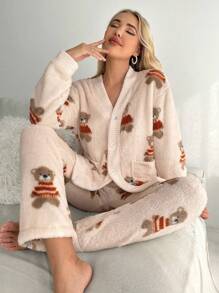 熊图案落肩法兰绒睡衣套装 / 睡衣套装 - 米色 - 查看 1
