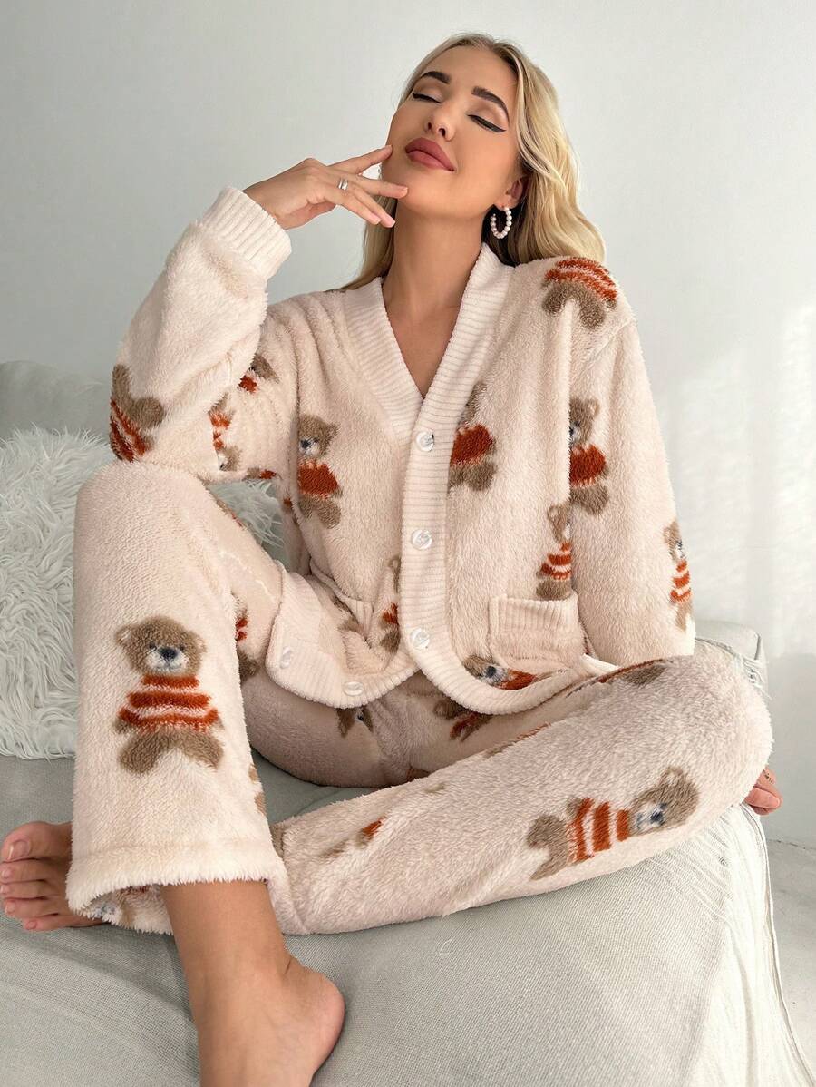 熊图案落肩法兰绒睡衣套装 / 睡衣套装 - 米色 - 查看 1