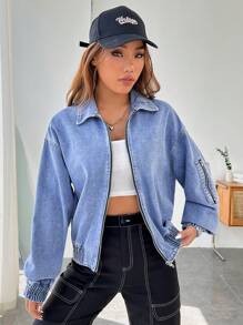 SHEIN EZwear Dây kéo Thả vai Áo khoác denim - Rửa nhẹ - Xem 3
