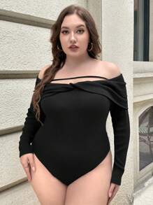 SHEIN Essnce Plus Off Shoulder Twist Front Bodysuit - Black - View 3