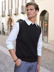 SHEIN Cottnline Men Solid Sweater Vest Without Shirt - Black - View 3