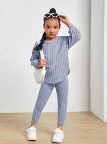 SHEIN Young Girl Drop Shoulder Ribbed Knit Tee & Leggings