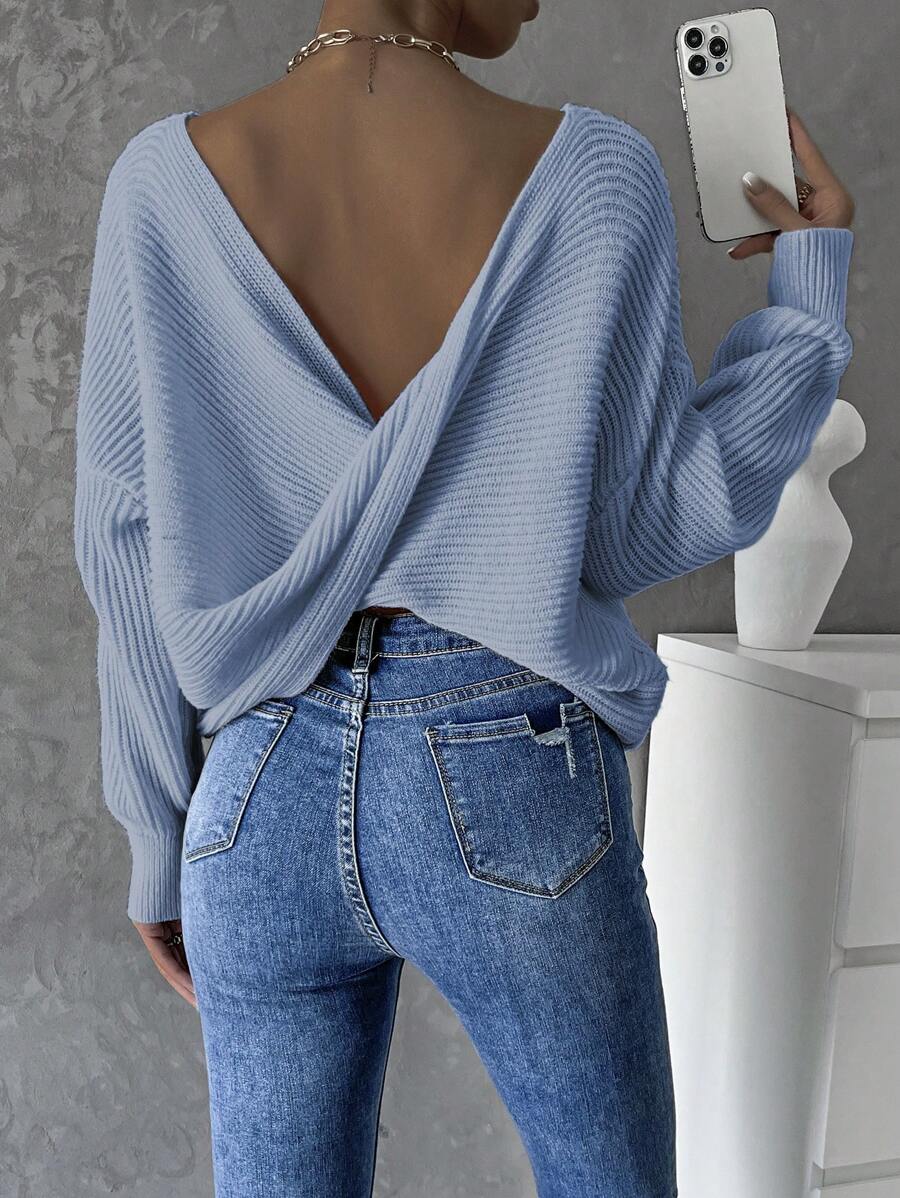 SHEIN LUNE Áo len chui đầu dệt kim gân sọc, không lưng, vai rớt, kiểu dáng xoắn, thích hợp cho mùa thu đông. - Màu xanh nhạt - Xem 1