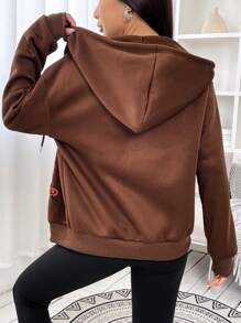 SHEIN EZwear 圖案印花拉鏈開襟抽繩加絨內裏連帽衫 - 棕色 - 查看 2