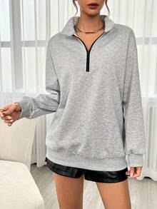 SHEIN EZwear 半拉鏈落肩袖運動衫 - 淺灰色 - 查看 4