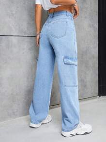 SHEIN PETITE Flap Pocket Straight Leg Jeans - Light Wash - View 2