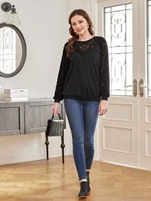EMERY ROSE Contrast Lace Raglan Sleeve Sweatshirt - Black - View 6