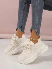 秋冬女士网眼厚底运动鞋，透气休闲厚底运动鞋，米色，适合春夏季 - 米色 - 查看 3