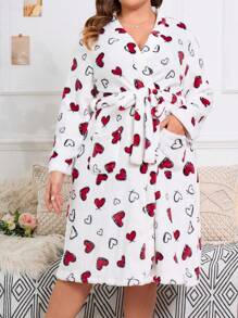 Snug Zone Plus Size Cute Flannel Heart Print Long Robe With Belted Regular Sleeve And Pockets, For Fall Winter, Fluffy, Cozy - Red and White - View 1