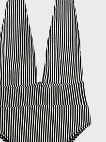 SHEIN Bañador una pieza de rayas de cuello profundo - Blanco y Negro - Ver 4