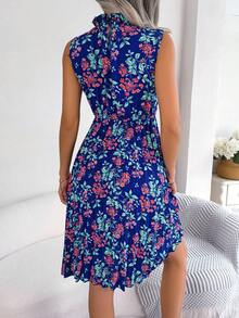 Floral Print Mock Neck Dress - Royal Blue - View 2