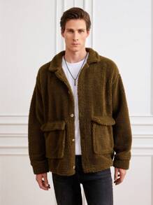 RueChic Men Flap Pocket Drop Shoulder Teddy Coat - Olive Green - View 1