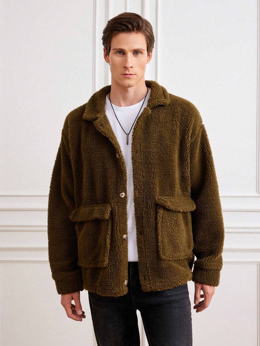 RueChic Men Flap Pocket Drop Shoulder Teddy Coat - Olive Green - View 1
