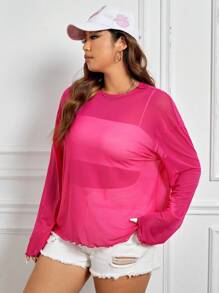 SHEIN EZwear Plus Solid Drop Shoulder Mesh Top Without Cami - Hot Pink - View 6