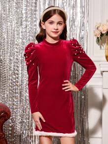 SHEIN Váy tay bồng đính ngọc trai dự tiệc Giáng sinh cho bé gái có viền lông nhân tạo - Đỏ - Xem 5