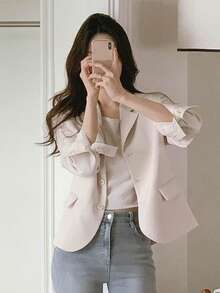 DAZY 素色西裝領西裝外套 - 杏色 - 查看 3